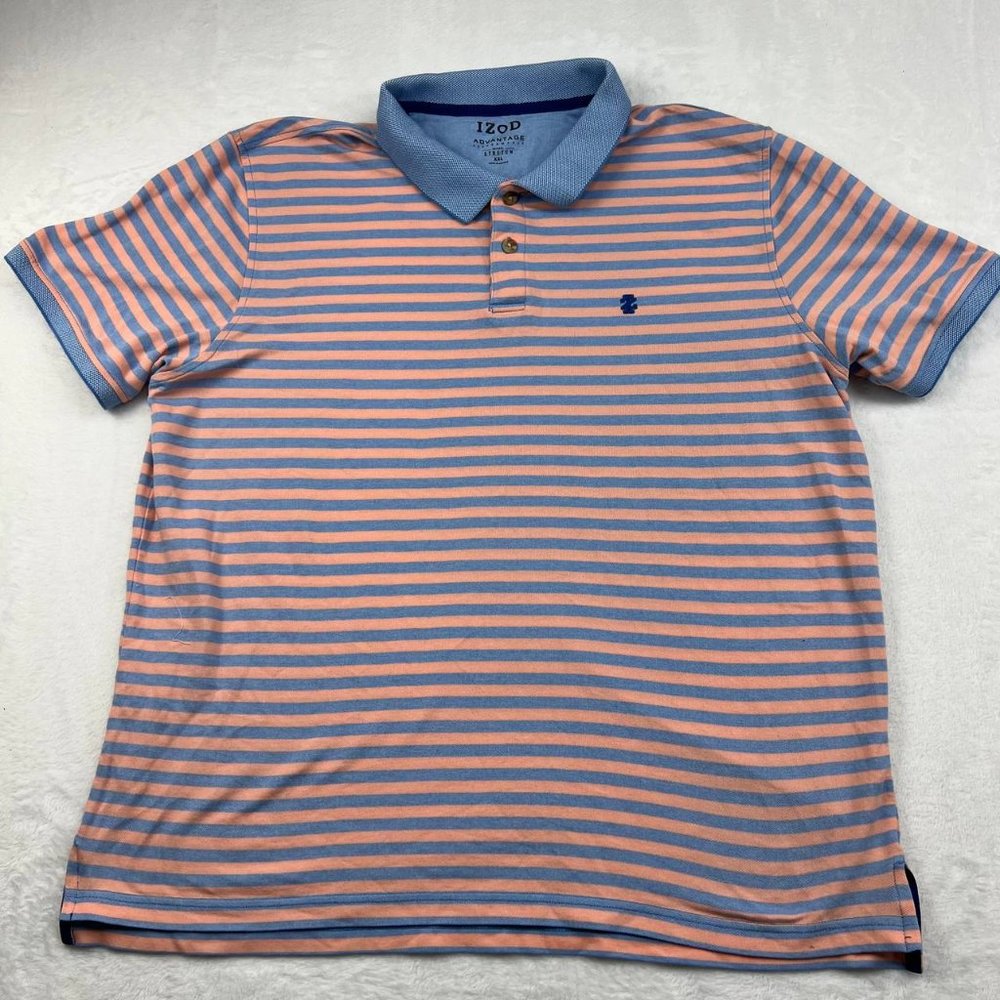 Izod Advantage 2XL Stretch Polo Shirt Men‎ Blue Peach Striped Short Sleeve XXL